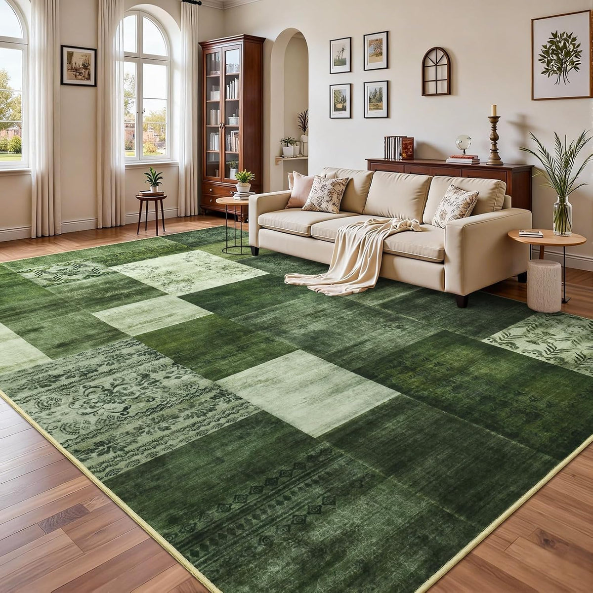 DweIke Washable Area Rugs 5x7 for Living Room, Modern Geometric Green Soft Patchwork Carpet, Non-Slip Stain Resistant Throw Rug for Bedroom Dining Room Office Home Decor