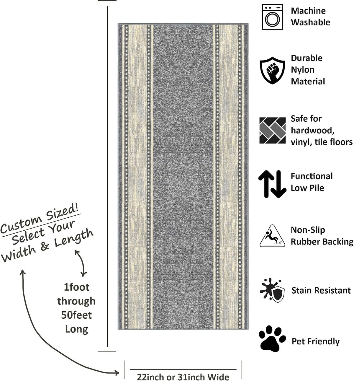 Kapaqua Custom Size Grey Ivory Bordered Rubber Backed Non-Slip Hallway Stair Runner Rug Carpet 31 inch Wide Choose Your Length 31in X 11ft