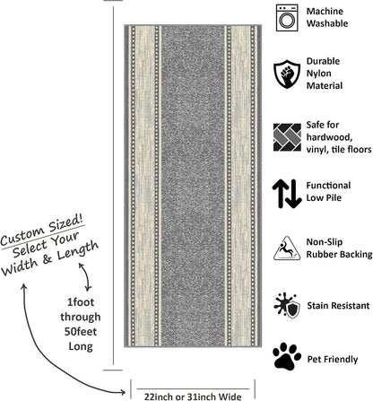 Kapaqua Custom Size Grey Ivory Bordered Rubber Backed Non-Slip Hallway Stair Runner Rug Carpet 31 inch Wide Choose Your Length 31in X 11ft