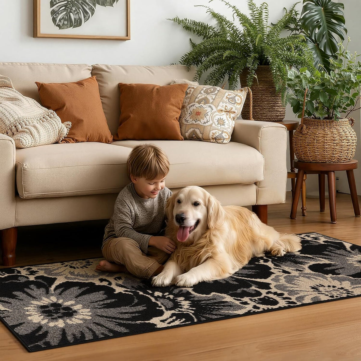 Findosom Hallway Runner Rug 2x6, Non Slip High-Low Textured Floral Washable Runner Rug with Rubber Backing, Boho Carpet Runner for Kitchen, Entryway, Bedroom, Laundry, Black & Beige