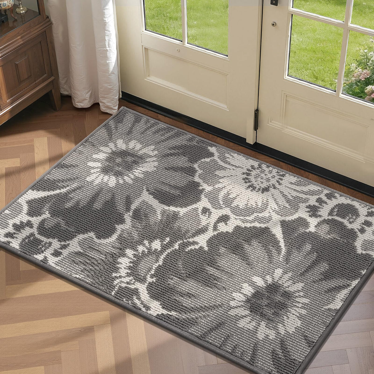 Findosom Hallway Runner Rug 2x6, Non Slip High-Low Textured Floral Washable Runner Rug with Rubber Backing, Boho Carpet Runner for Kitchen, Entryway, Bedroom, Laundry, Black & Beige