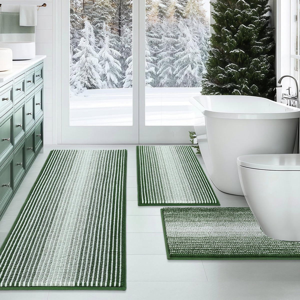 BSICPRO Bathroom Rugs Sets 3 Piece，U-Shaped Toilet Mat Sets，Black and White