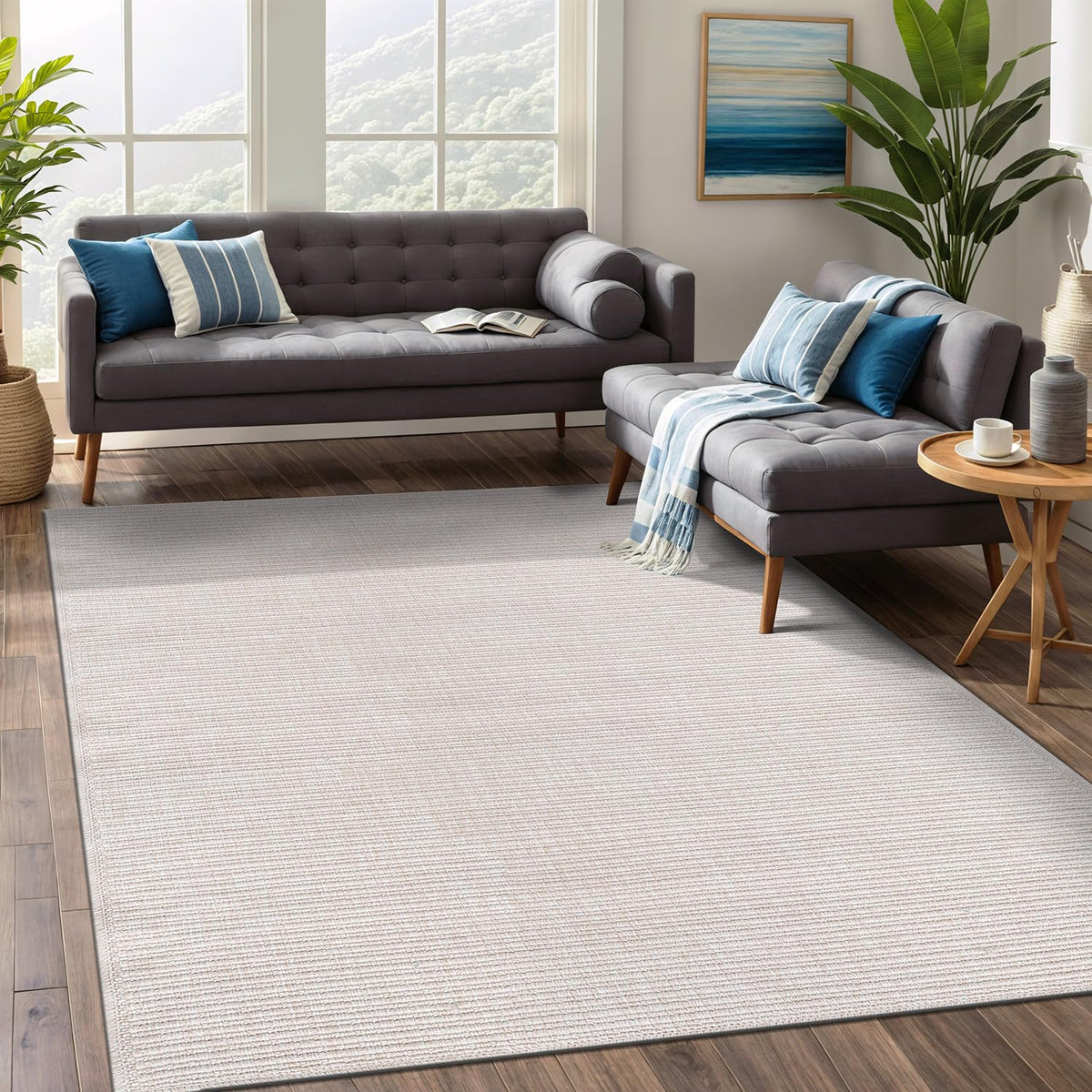 Beverly Rug Easy Jute Bordered Rug 10x14 Washable Large Indoor Outdoor Area Rugs for Living Dining Room Patio Office Stain Resistant Non Shedding Casual Indoor Outside Carpet 10 x 14 Off-White