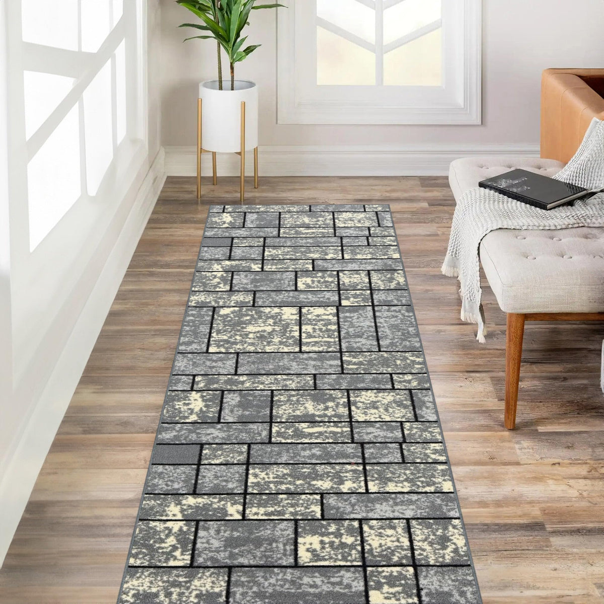 Kapaqua Custom Size Grey Ivory Bordered Rubber Backed Non-Slip Hallway Stair Runner Rug Carpet 31 inch Wide Choose Your Length 31in X 11ft