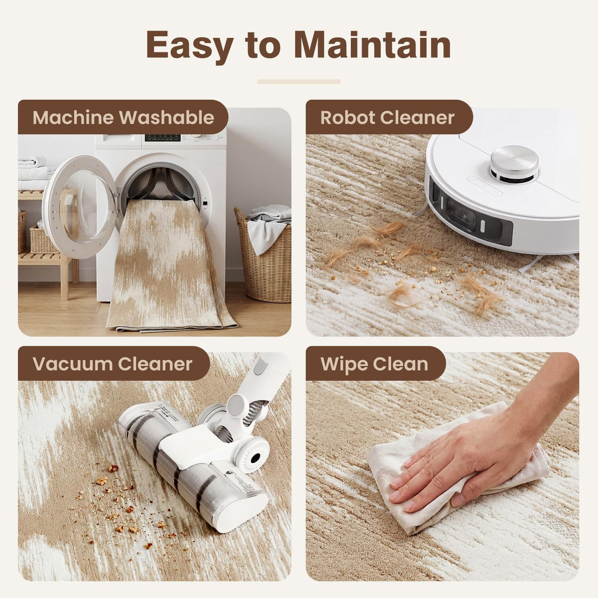 Beige Washable Area Rug 9x12 High-Low Pile Carpet for Living Room