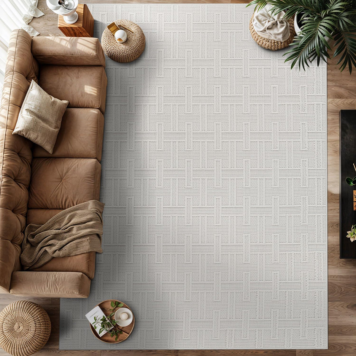 Luul Home Modern Micro Loop Indoor Area Rugs for Living Room Bedroom Kitchen Geometric Trellis White 8x10 Luxury Durable Low and High Pile Non-Shedding Stain Resistant Soft Area Carpet 8 x 10