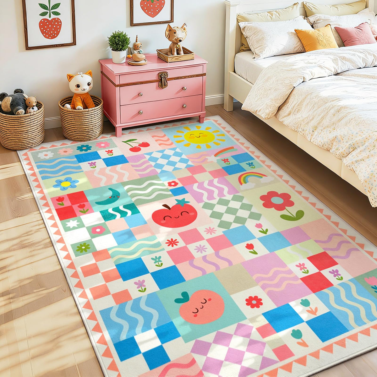 Soft Pink Runner Rug for Girls Bedroom, Washable Non-Slip Hallway Carpet with Cute Colorful Fruit Rainbow Checkered Design, Low Pile Floor Mat