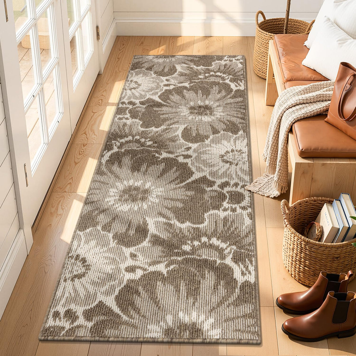 Findosom Hallway Runner Rug 2x6, Non Slip High-Low Textured Floral Washable Runner Rug with Rubber Backing, Boho Carpet Runner for Kitchen, Entryway, Bedroom, Laundry, Black & Beige