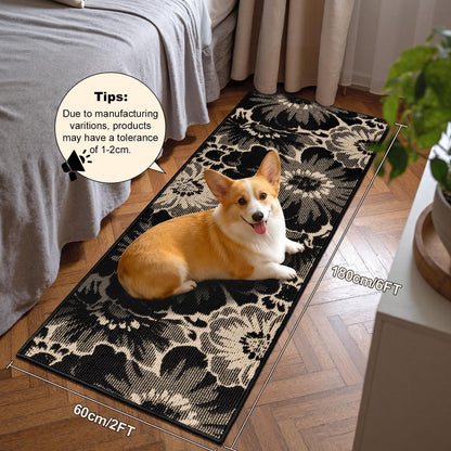 Findosom Hallway Runner Rug 2x6, Non Slip High-Low Textured Floral Washable Runner Rug with Rubber Backing, Boho Carpet Runner for Kitchen, Entryway, Bedroom, Laundry, Black & Beige