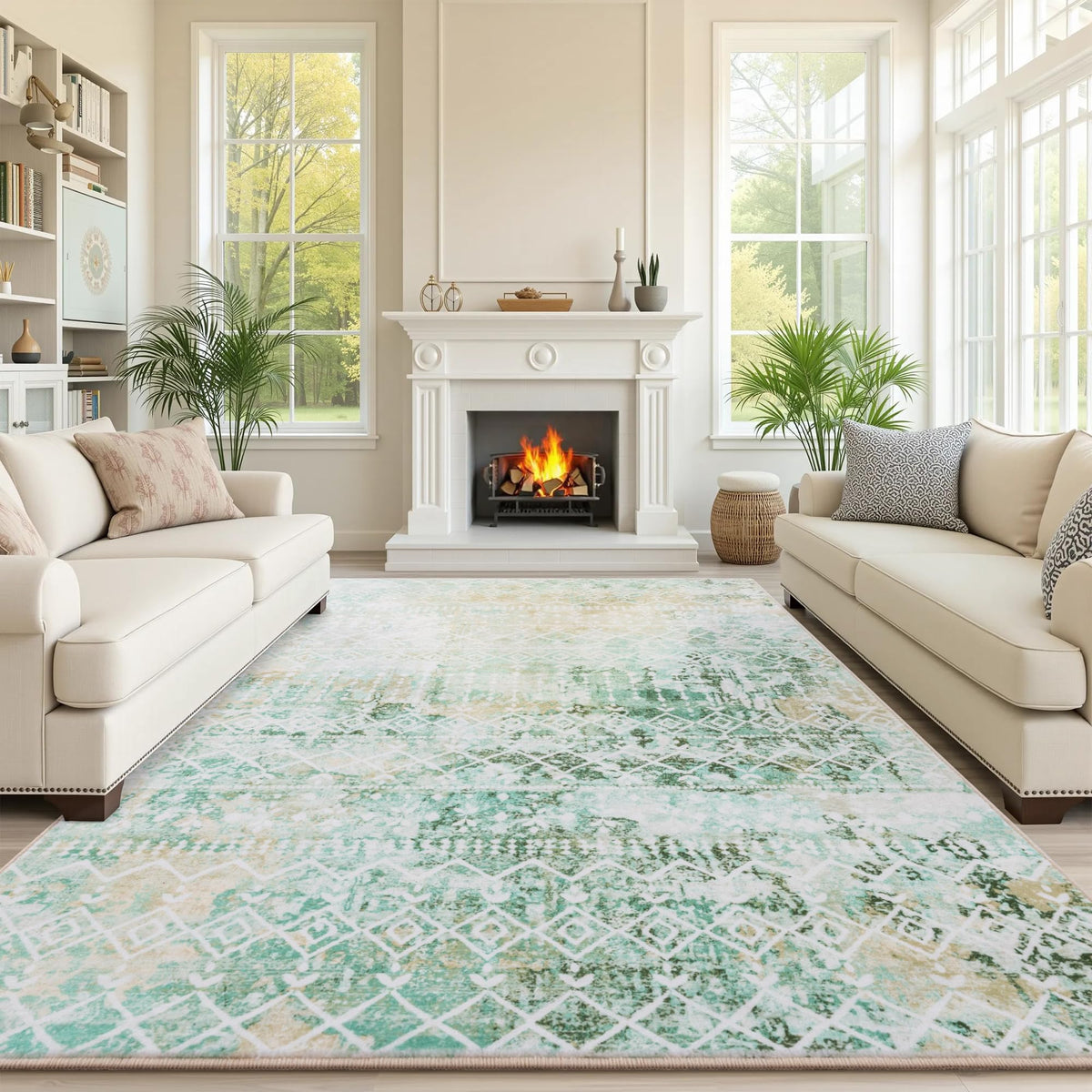 Carvapet Washable 3x5 Area Rug Orange Blue Vintage Floral Carpet