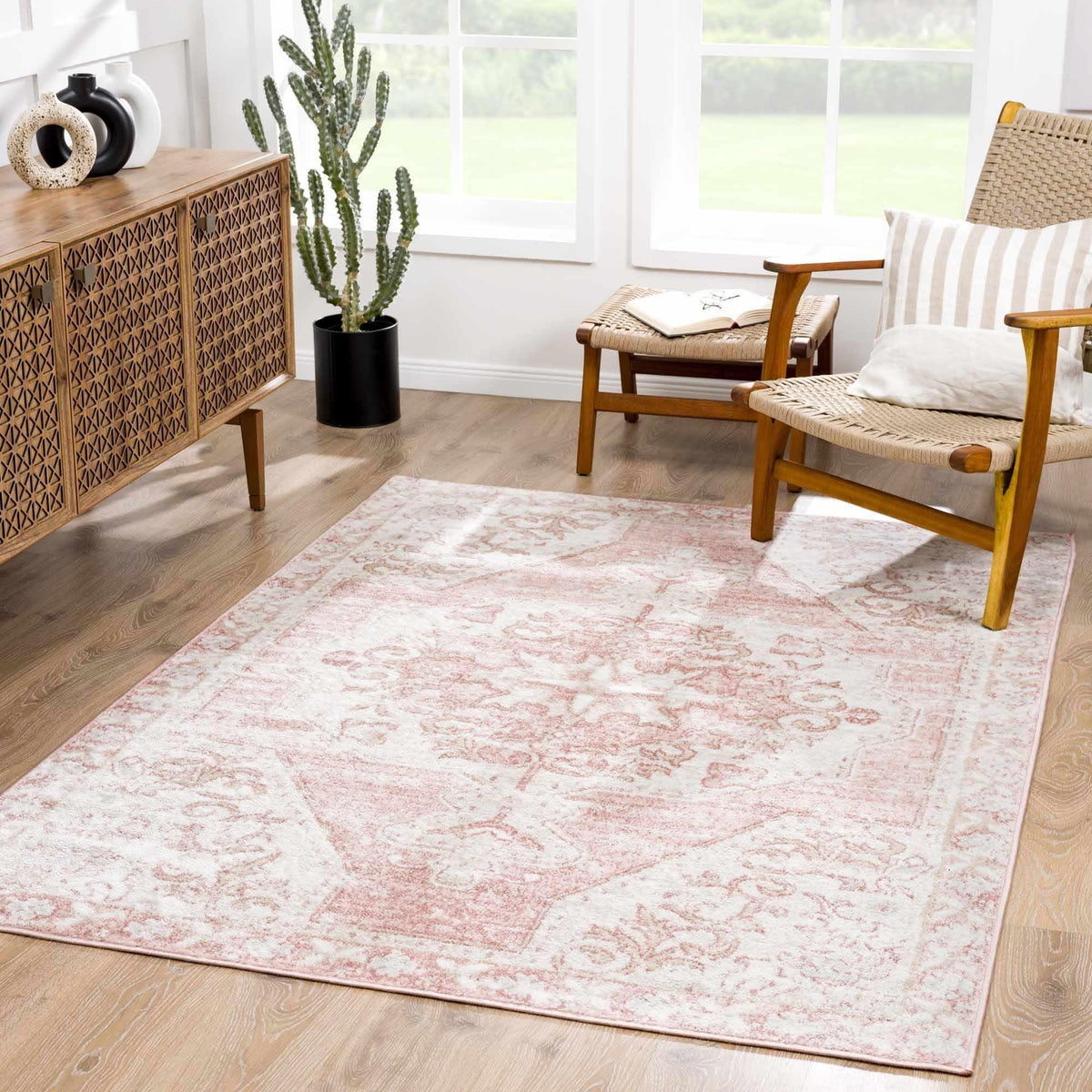 BoutiqueRugs Washable Ivory Medallion 2x4 Accent Rug Traditional Sand Light Blue Brown Analu Entryway Bedside Nursery Mudroom Bathroom Powder Room 2'7" x 4' Easy Clean Stain Resistant