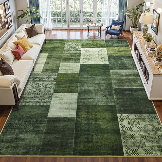 DweIke Washable Area Rugs 5x7 for Living Room, Modern Geometric Green Soft Patchwork Carpet, Non-Slip Stain Resistant Throw Rug for Bedroom Dining Room Office Home Decor
