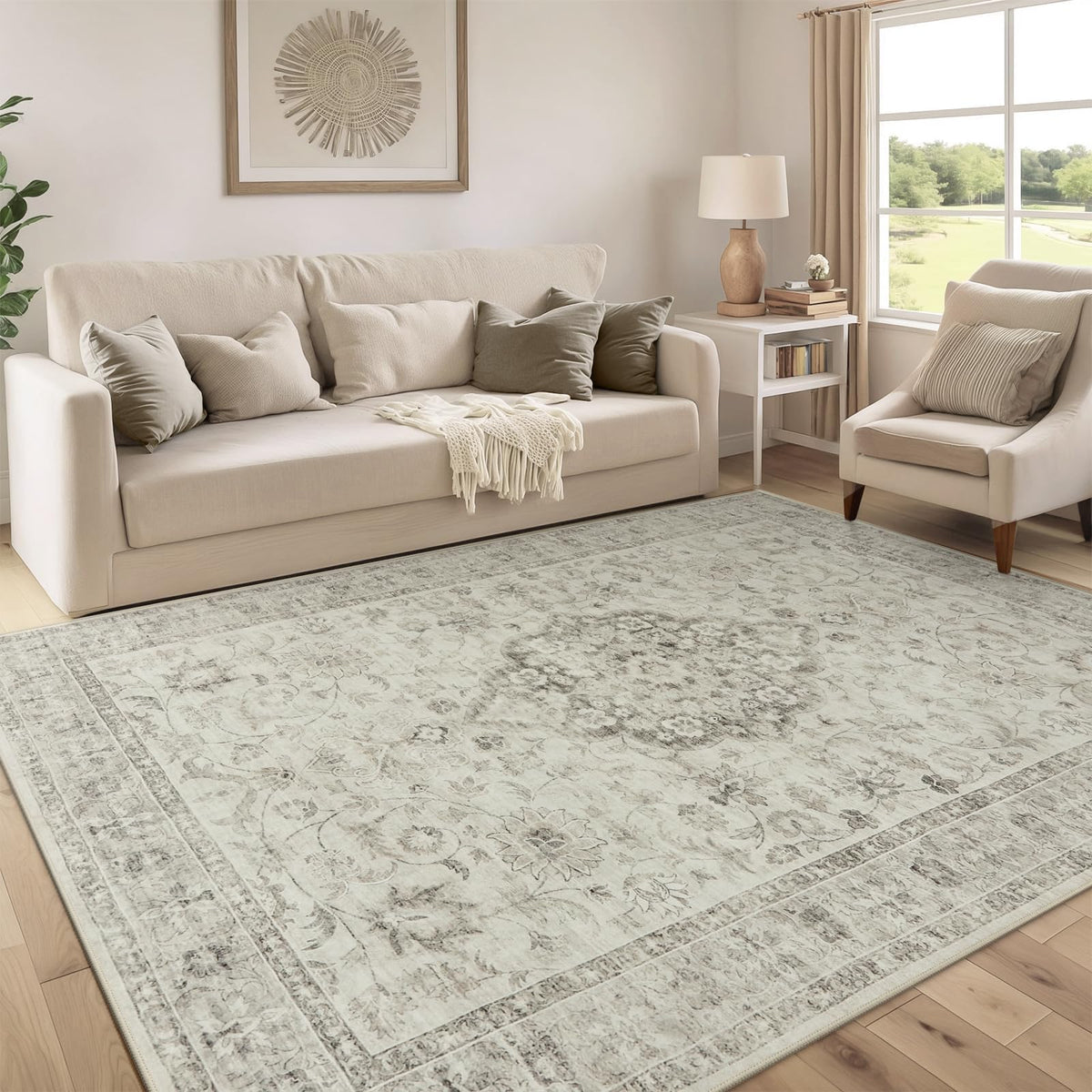 LIVEBOX Washable Area Rug 5x7 Rugs for Living Room Bedroom, Non-Slip Boho Neutral Carpet for Dining Room Office, Low-Pile Farmhouse Soft Carpets for Kids Nursery Room Playroom, Tan