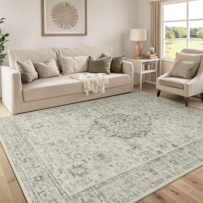 LIVEBOX Washable Area Rug 5x7 Rugs for Living Room Bedroom, Non-Slip Boho Neutral Carpet for Dining Room Office, Low-Pile Farmhouse Soft Carpets for Kids Nursery Room Playroom, Tan