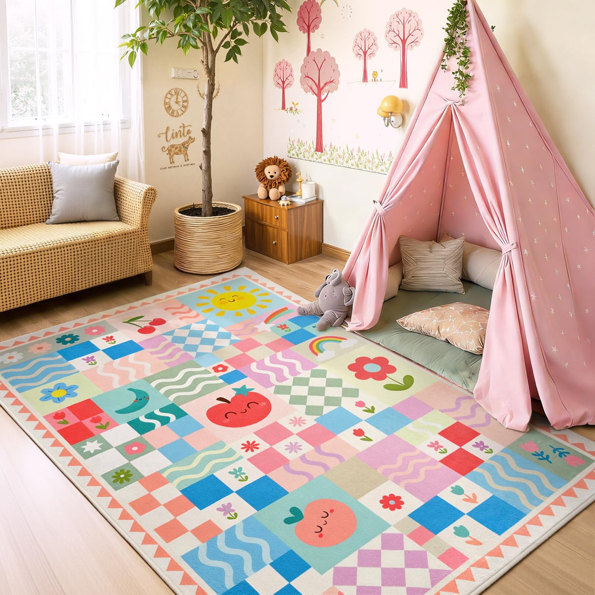 Soft Pink Runner Rug for Girls Bedroom, Washable Non-Slip Hallway Carpet with Cute Colorful Fruit Rainbow Checkered Design, Low Pile Floor Mat