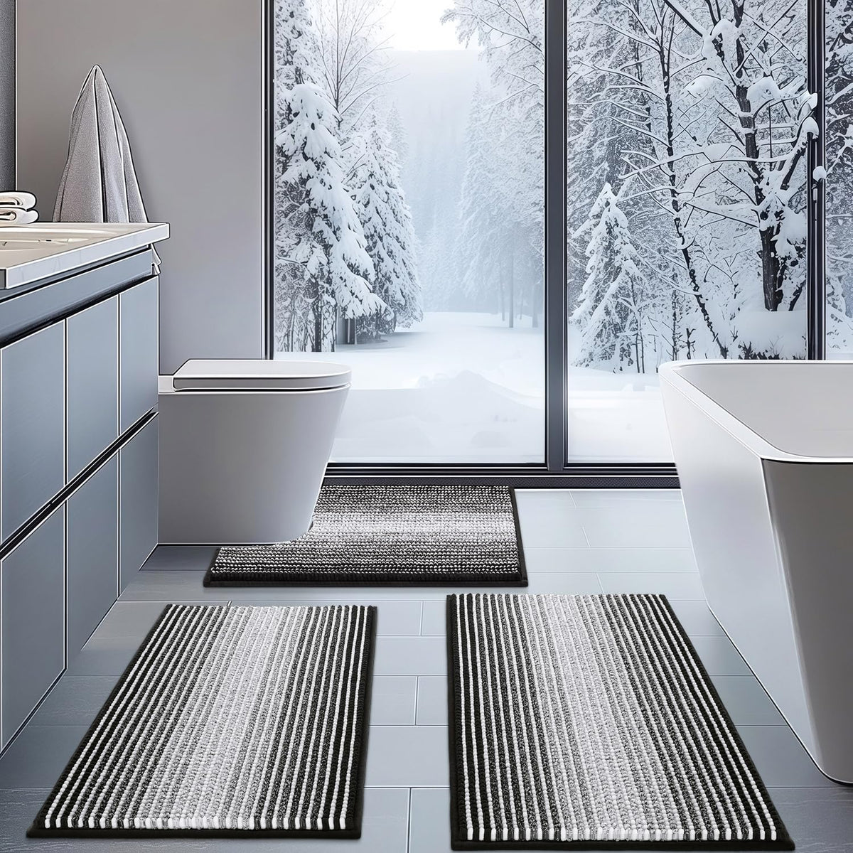 BSICPRO Bathroom Rugs Sets 3 Piece，U-Shaped Toilet Mat Sets，Black and White