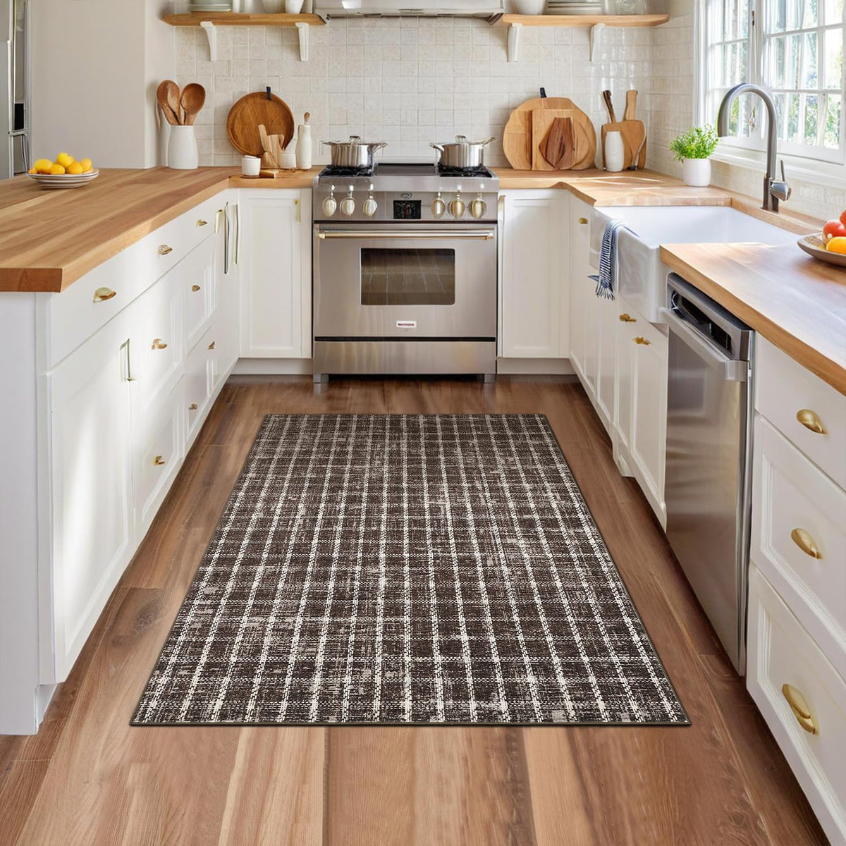ROYHOME 6x9 Area Rug for Living Room Washable Khaki Brown Checkered Rugs