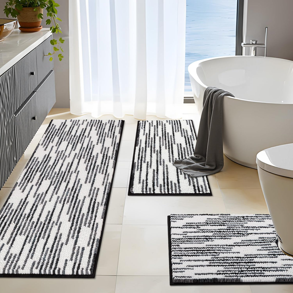BSICPRO Bathroom Rugs Sets 3 Piece，U-Shaped Toilet Mat Sets，Black and White