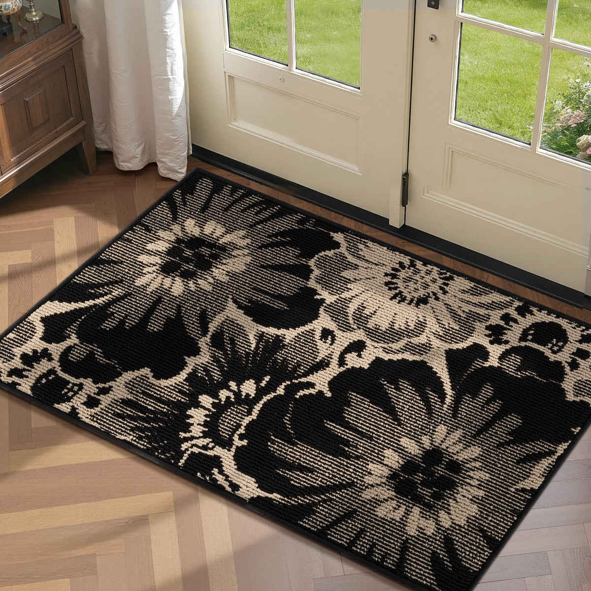 Findosom Hallway Runner Rug 2x6, Non Slip High-Low Textured Floral Washable Runner Rug with Rubber Backing, Boho Carpet Runner for Kitchen, Entryway, Bedroom, Laundry, Black & Beige