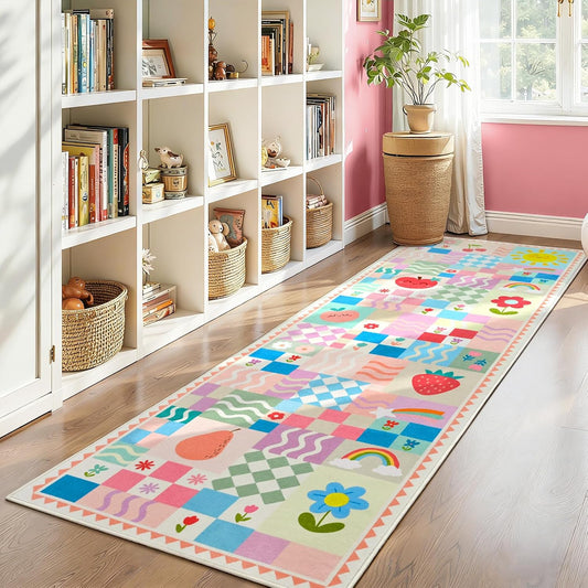 Soft Pink Runner Rug for Girls Bedroom, Washable Non-Slip Hallway Carpet with Cute Colorful Fruit Rainbow Checkered Design, Low Pile Floor Mat