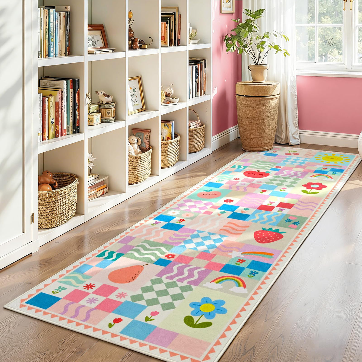 Soft Pink Runner Rug for Girls Bedroom, Washable Non-Slip Hallway Carpet with Cute Colorful Fruit Rainbow Checkered Design, Low Pile Floor Mat