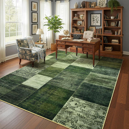 DweIke Washable Area Rugs 5x7 for Living Room, Modern Geometric Green Soft Patchwork Carpet, Non-Slip Stain Resistant Throw Rug for Bedroom Dining Room Office Home Decor