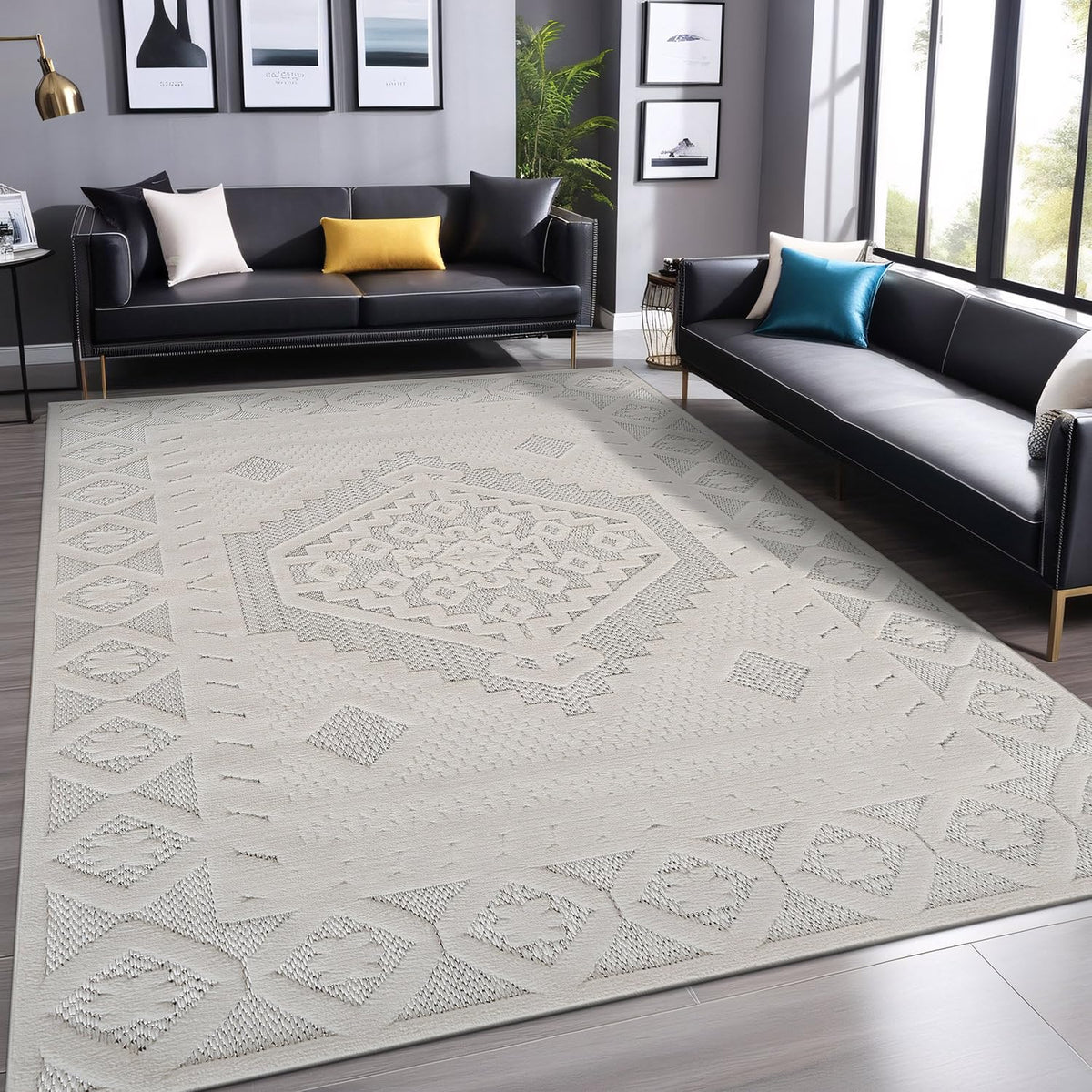 Luul Home Modern Micro Loop Indoor Area Rugs for Living Room Bedroom Kitchen Geometric Trellis White 8x10 Luxury Durable Low and High Pile Non-Shedding Stain Resistant Soft Area Carpet 8 x 10