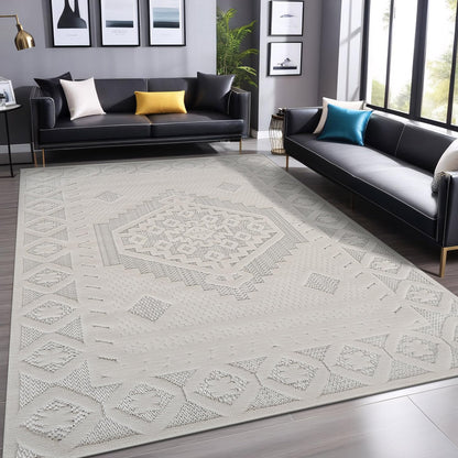 Luul Home Micro Loop Indoor Rug White 9x12 Boho Geometric Neutral Area Rugs for Living Room Soft Luxury Modern Low and High Pile Durable Stain Resistant Non-Shedding Indoor Area Carpet 9 x 12