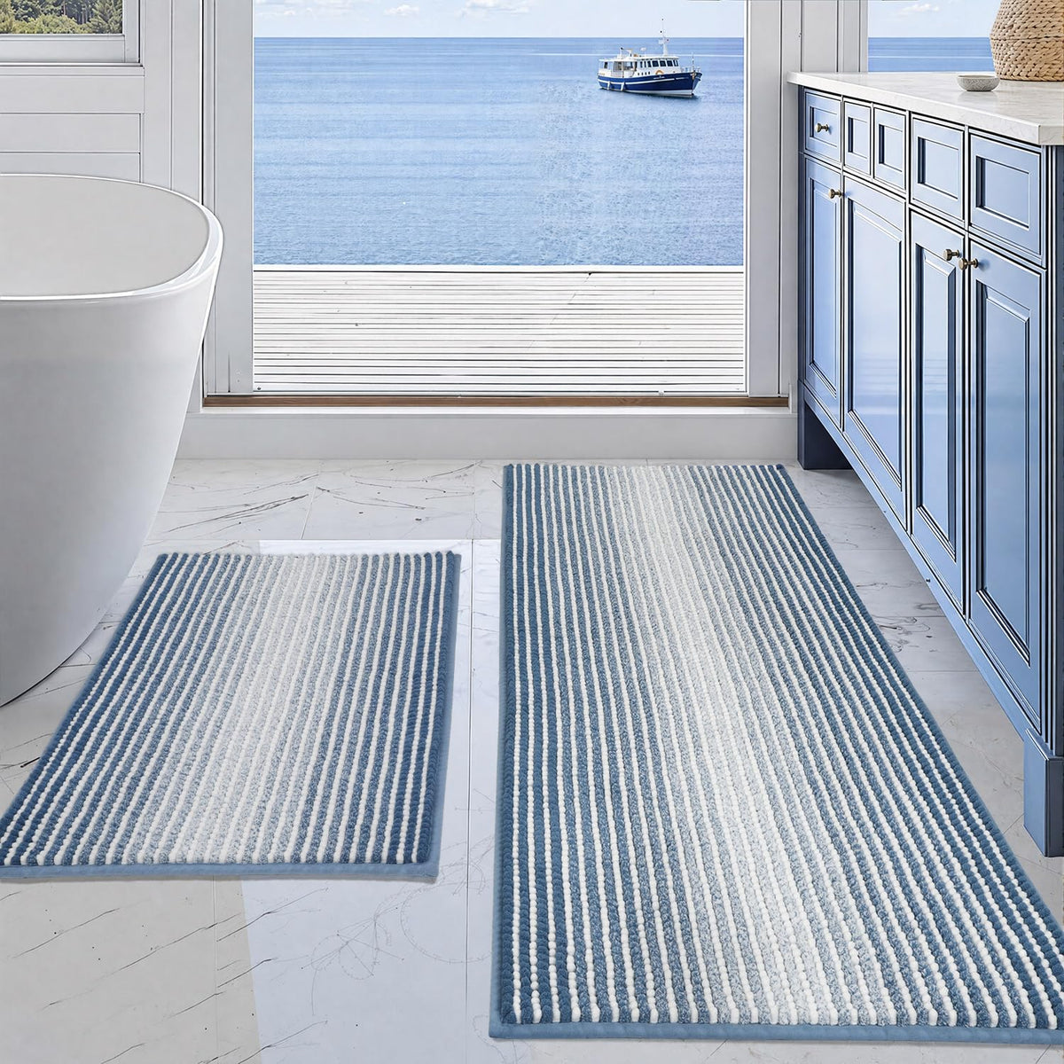 BSICPRO Bathroom Rugs Sets 2 Piece, Modern Bath Mat 20"x47"+20"x32", Blue