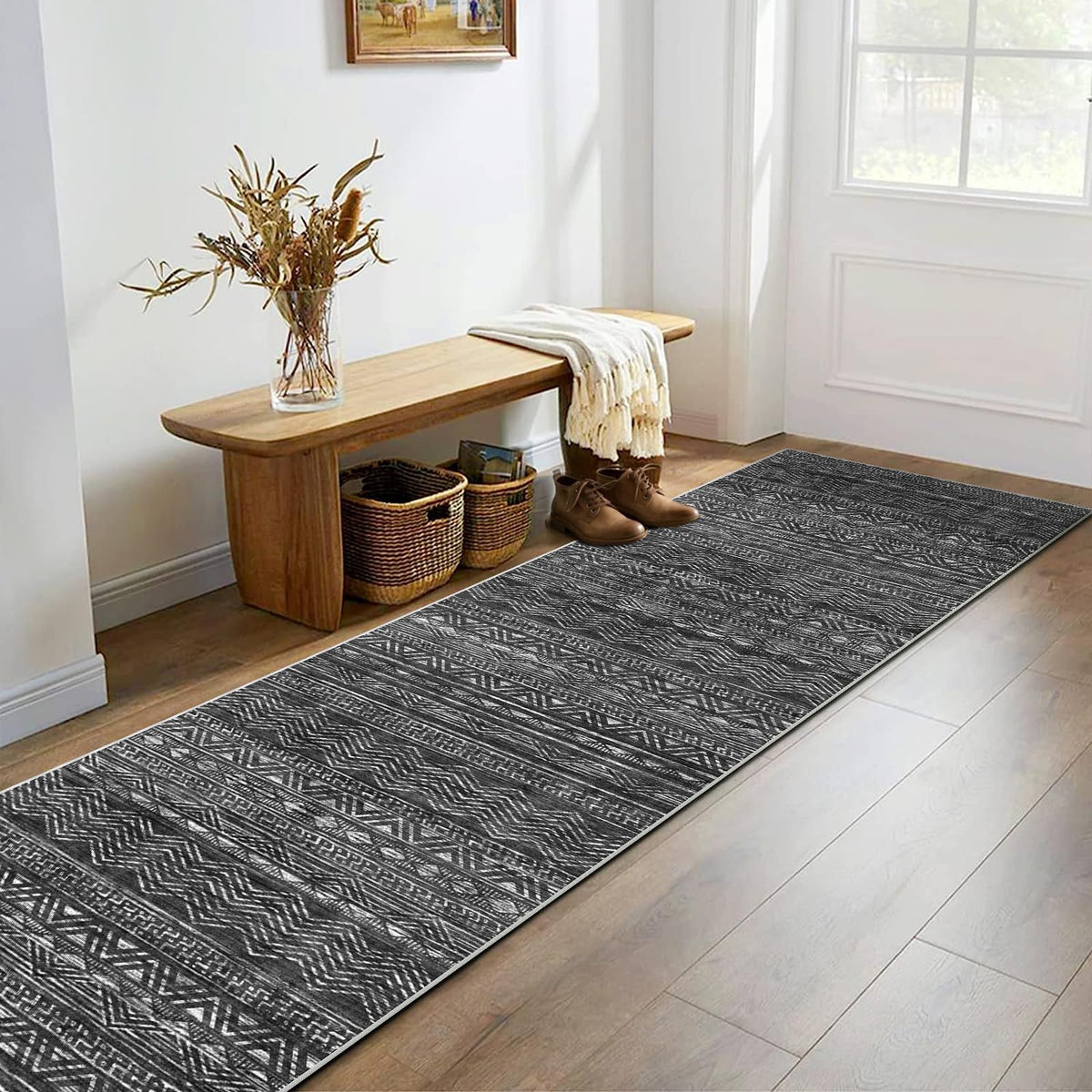 2'6"x8 Runner Rug Washable Moroccan: Non Slip Kitchen Long Floor Mat Gray