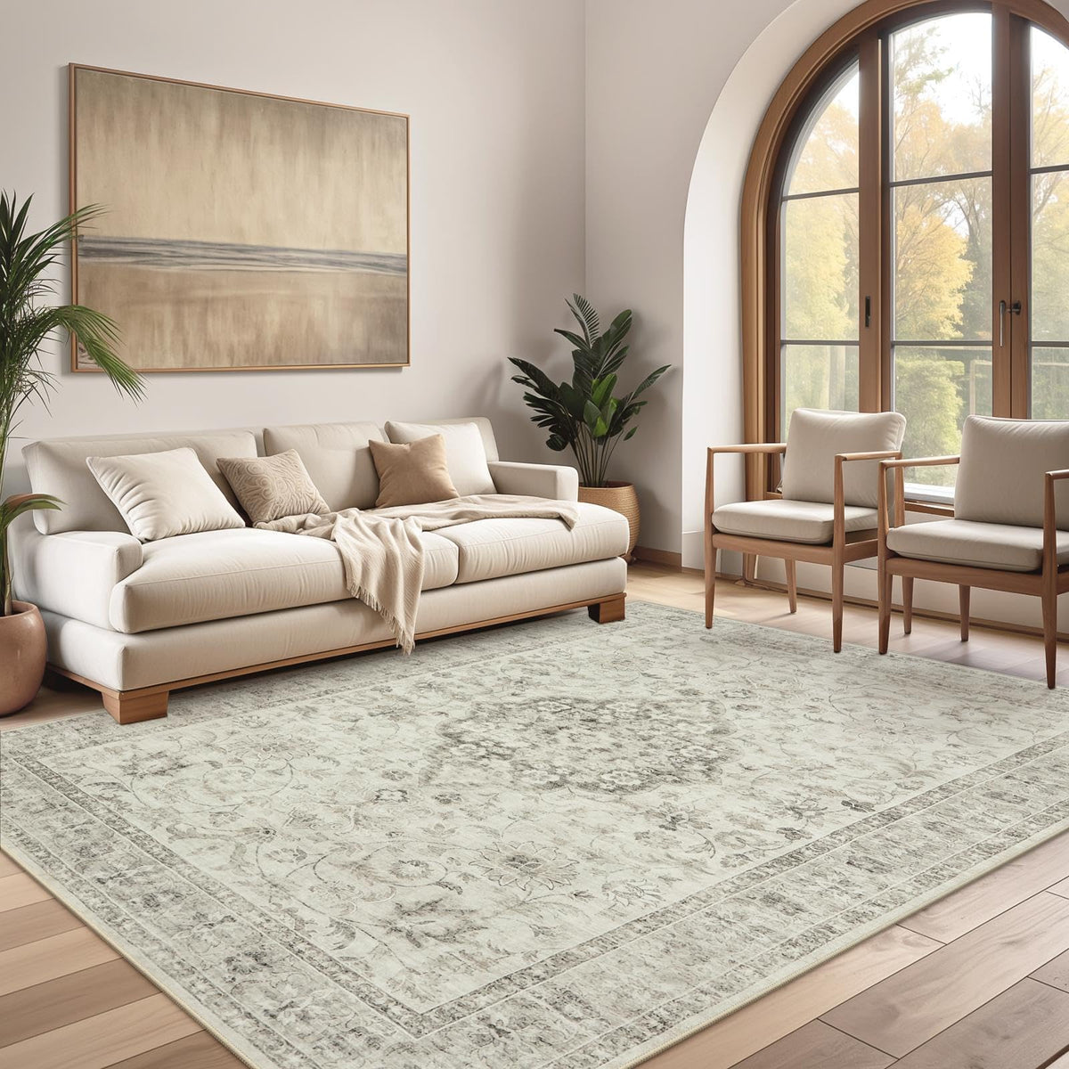 LIVEBOX Washable Area Rug 5x7 Rugs for Living Room Bedroom, Non-Slip Boho Neutral Carpet for Dining Room Office, Low-Pile Farmhouse Soft Carpets for Kids Nursery Room Playroom, Tan