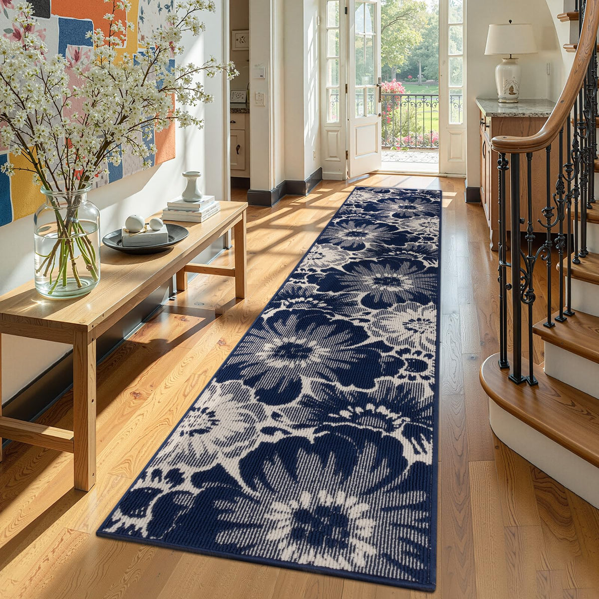 Findosom Hallway Runner Rug 2x6, Non Slip High-Low Textured Floral Washable Runner Rug with Rubber Backing, Boho Carpet Runner for Kitchen, Entryway, Bedroom, Laundry, Black & Beige