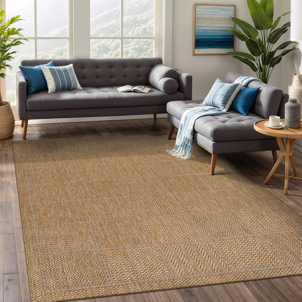 Beverly Rug Easy Jute Bordered Rug 10x14 Washable Large Indoor Outdoor Area Rugs for Living Dining Room Patio Office Stain Resistant Non Shedding Casual Indoor Outside Carpet 10 x 14 Off-White