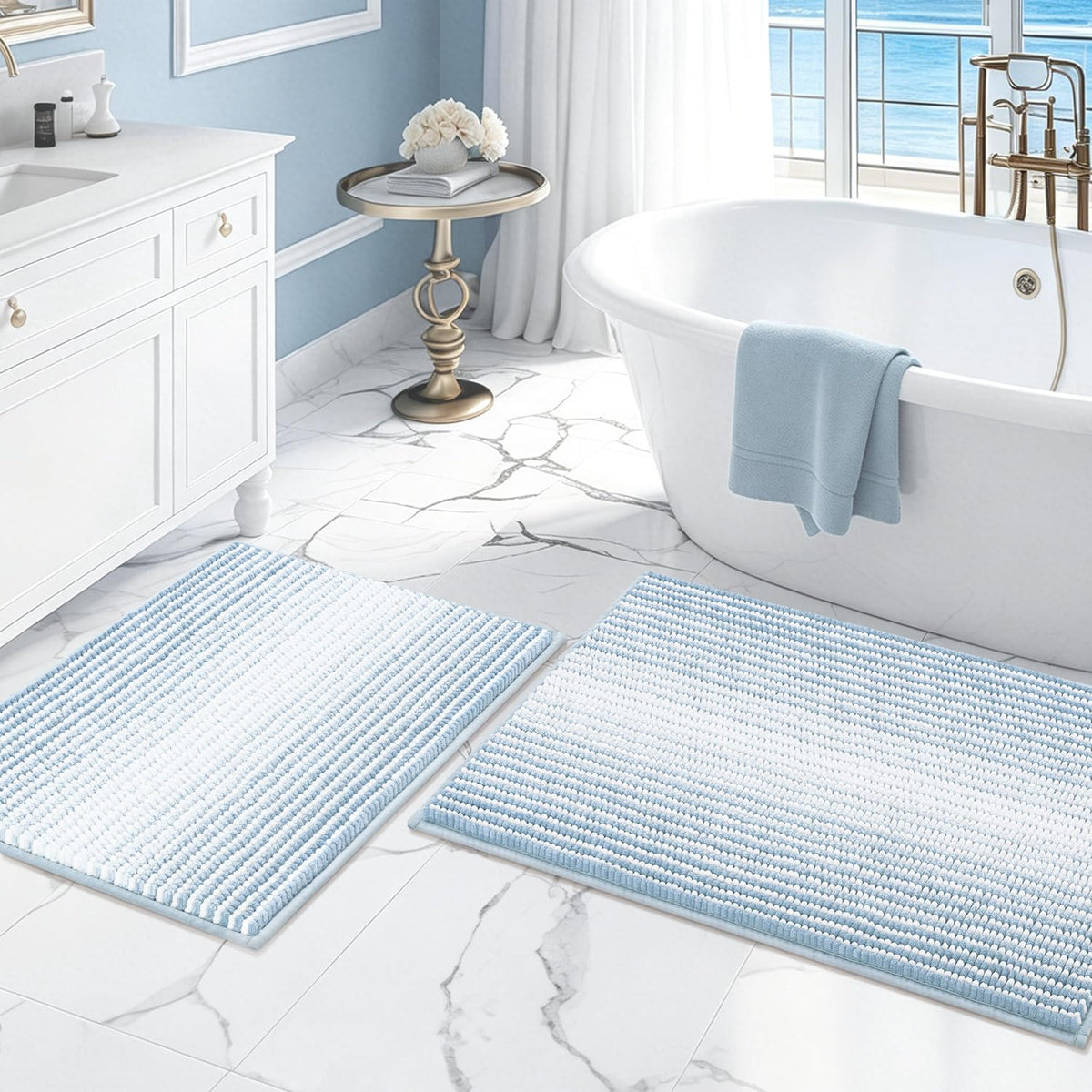 BSICPRO Bathroom Rugs Sets 2 Piece, Modern Bath Mat 20"x47"+20"x32", Blue