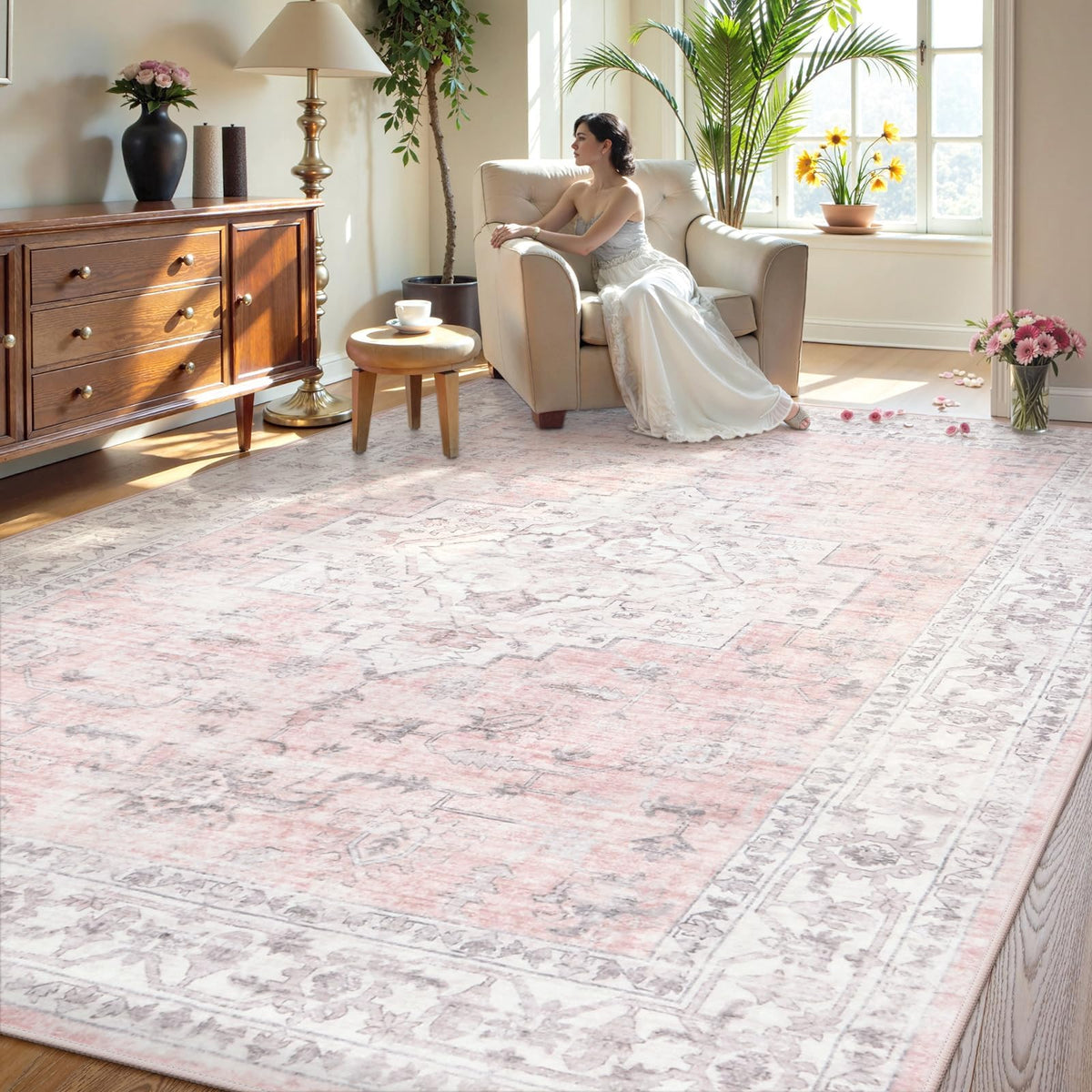 LIVEBOX Washable Area Rug 5x7 Rugs for Living Room Bedroom, Non-Slip Boho Neutral Carpet for Dining Room Office, Low-Pile Farmhouse Soft Carpets for Kids Nursery Room Playroom, Tan