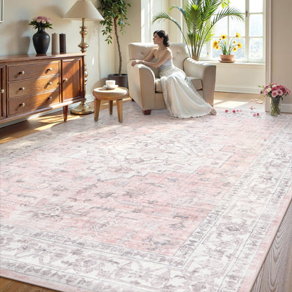 LIVEBOX Washable Area Rug 5x7 Rugs for Living Room Bedroom, Non-Slip Boho Neutral Carpet for Dining Room Office, Low-Pile Farmhouse Soft Carpets for Kids Nursery Room Playroom, Tan