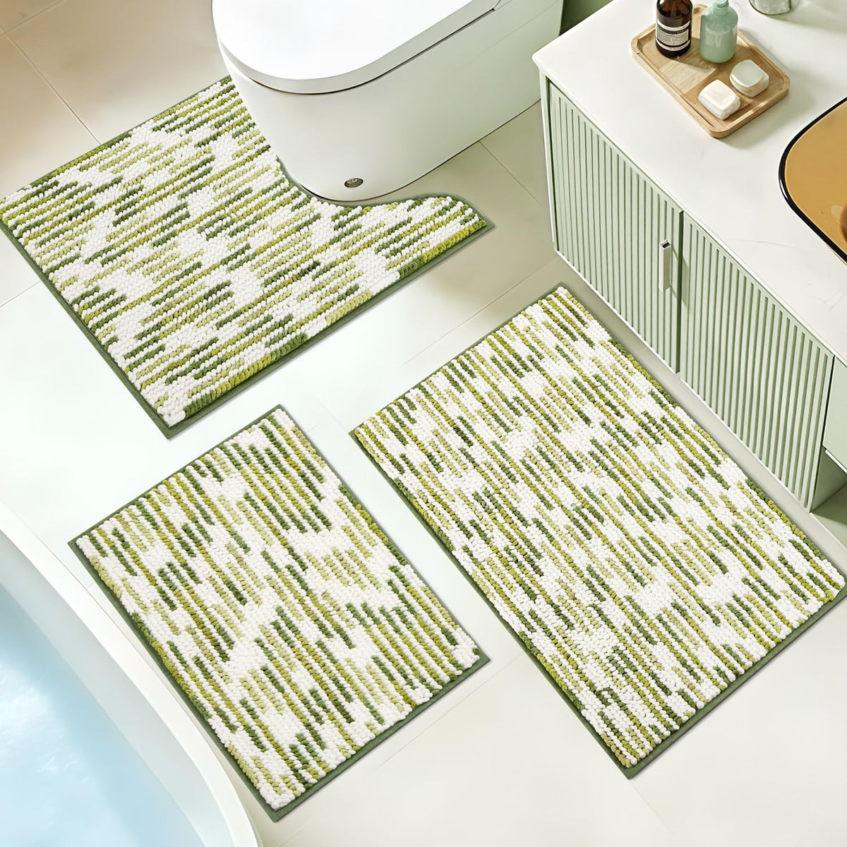 BSICPRO Bathroom Rugs Sets 3 Piece，U-Shaped Toilet Mat Sets，Black and White