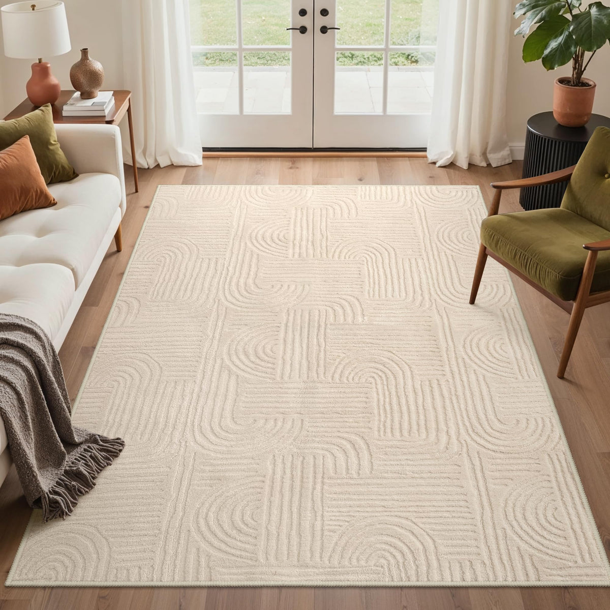 GENIMO Beige Rug 6x9 Washable Area Rugs for Living Room, Soft High Low Pile
