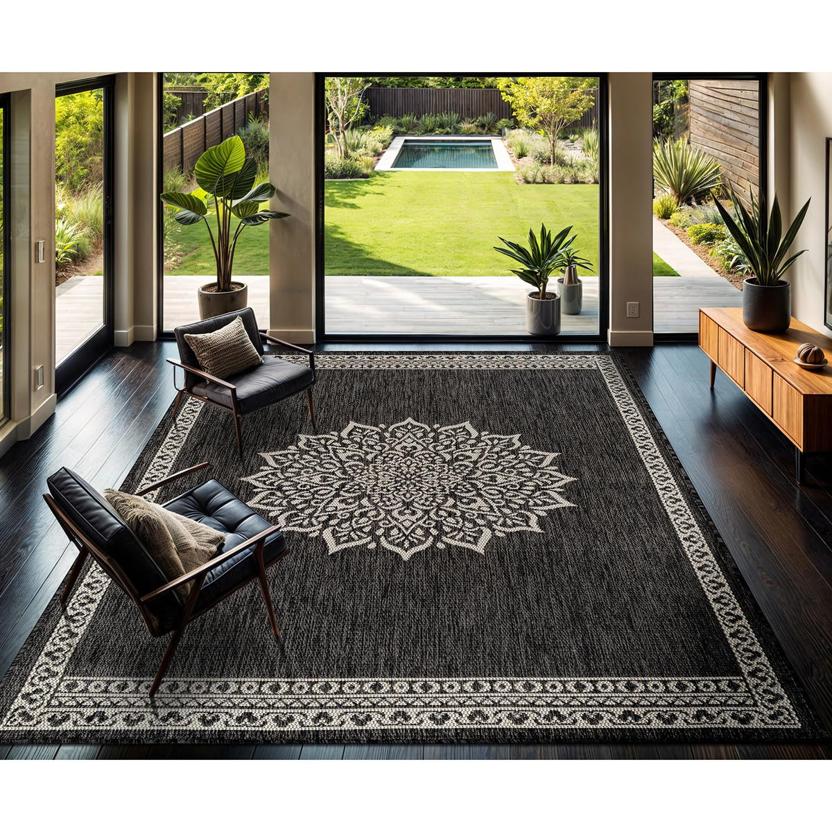 CAMILSON Indoor Outdoor Rug, 6x9 Bordered Dark Grey Black Modern Area Rugs for Indoor and Outdoor Patios, Kitchen and Hallway Mats, Washable Porch Deck Outside Carpet (Bordered Black, 6 x 9)