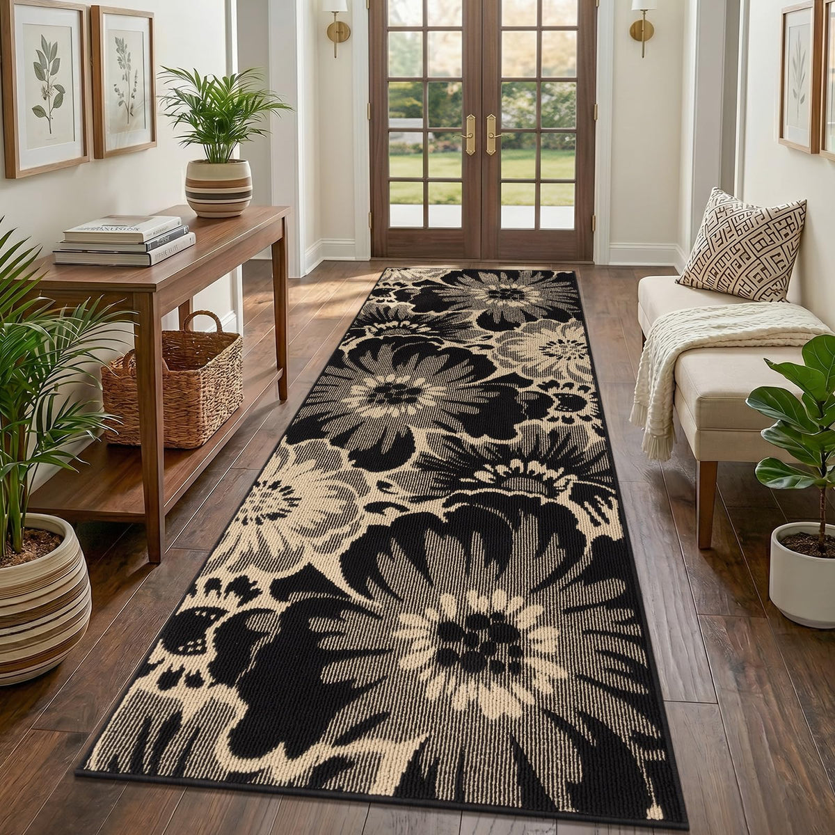 Findosom Hallway Runner Rug 2x6, Non Slip High-Low Textured Floral Washable Runner Rug with Rubber Backing, Boho Carpet Runner for Kitchen, Entryway, Bedroom, Laundry, Black & Beige