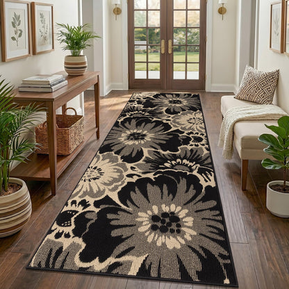 Findosom Hallway Runner Rug 2x6, Non Slip High-Low Textured Floral Washable Runner Rug with Rubber Backing, Boho Carpet Runner for Kitchen, Entryway, Bedroom, Laundry, Black & Beige