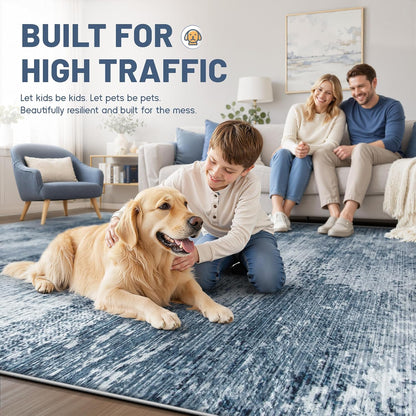 9x12 Area Rugs for Living Room: Washable Modern Abstract Rug Large Neutral Non-Slip Low Pile Indoor Carpet for Bedroom Dining Room Nursery Office (Blue, 9'x12')