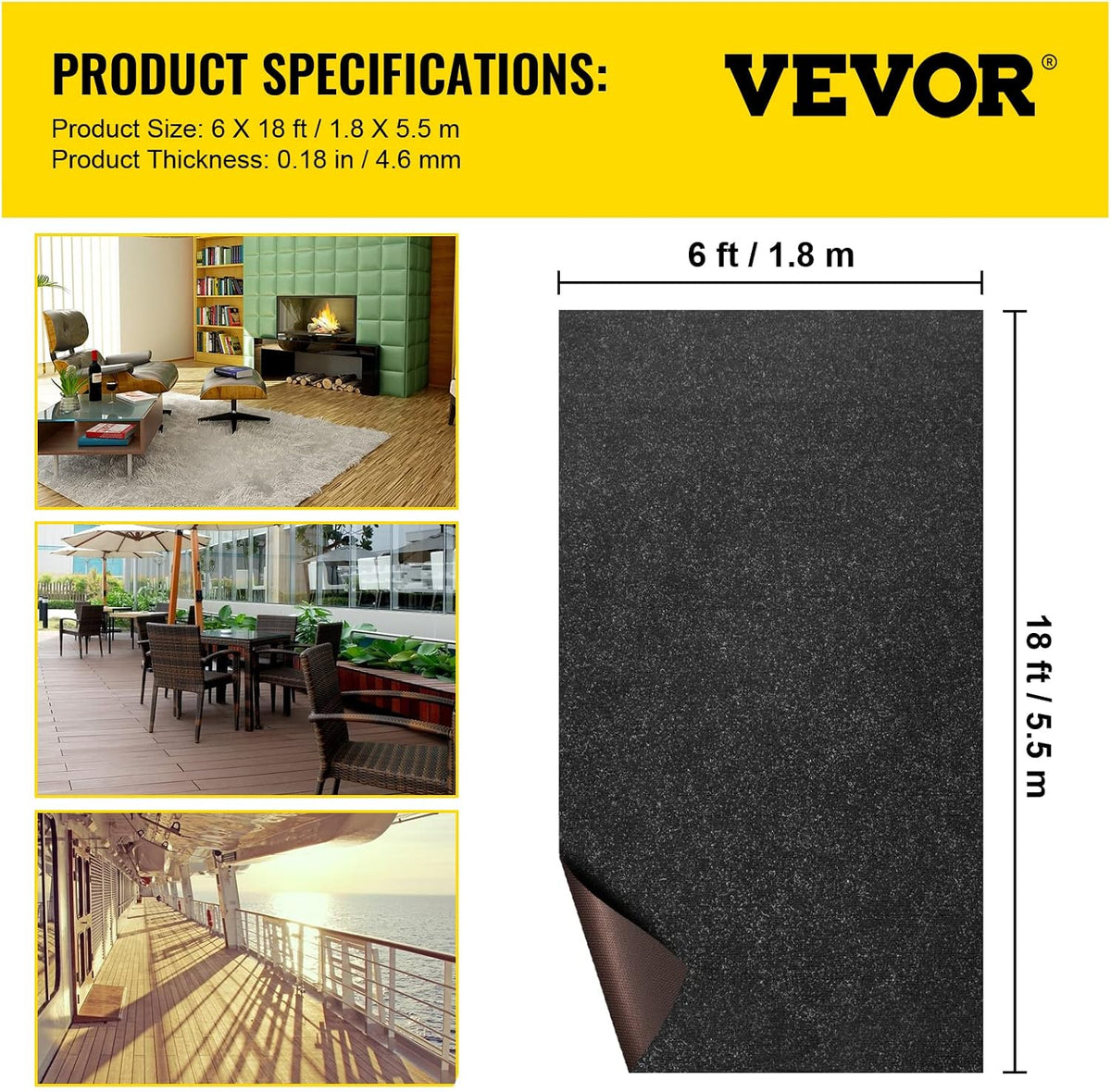 Happybuy 6 ft x 18 ft Charcoal Black Marine Carpet for Boats Waterproof - 0.18" Thick Indoor Outdoor Rug Carpet Roll for Home Patio Porch Deck