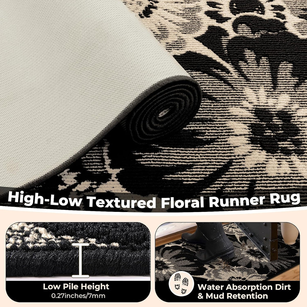 Findosom Hallway Runner Rug 2x6, Non Slip High-Low Textured Floral Washable Runner Rug with Rubber Backing, Boho Carpet Runner for Kitchen, Entryway, Bedroom, Laundry, Black & Beige