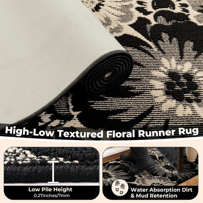 Findosom Hallway Runner Rug 2x6, Non Slip High-Low Textured Floral Washable Runner Rug with Rubber Backing, Boho Carpet Runner for Kitchen, Entryway, Bedroom, Laundry, Black & Beige