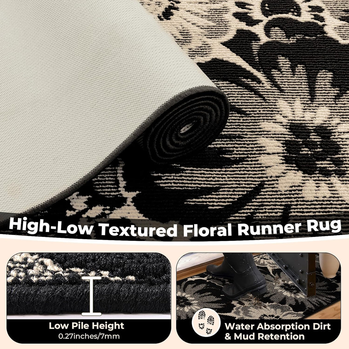 Findosom Hallway Runner Rug 2x6, Non Slip High-Low Textured Floral Washable Runner Rug with Rubber Backing, Boho Carpet Runner for Kitchen, Entryway, Bedroom, Laundry, Black & Beige