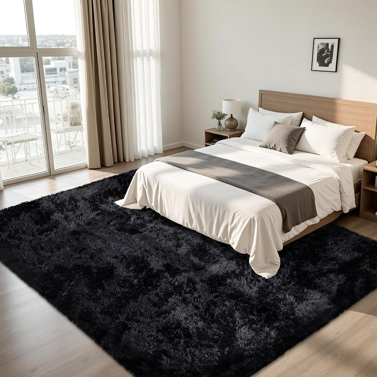 8x10 Area Rug for Living Room,Black Fluffy Shag Non-Slip Bedroom Rugs