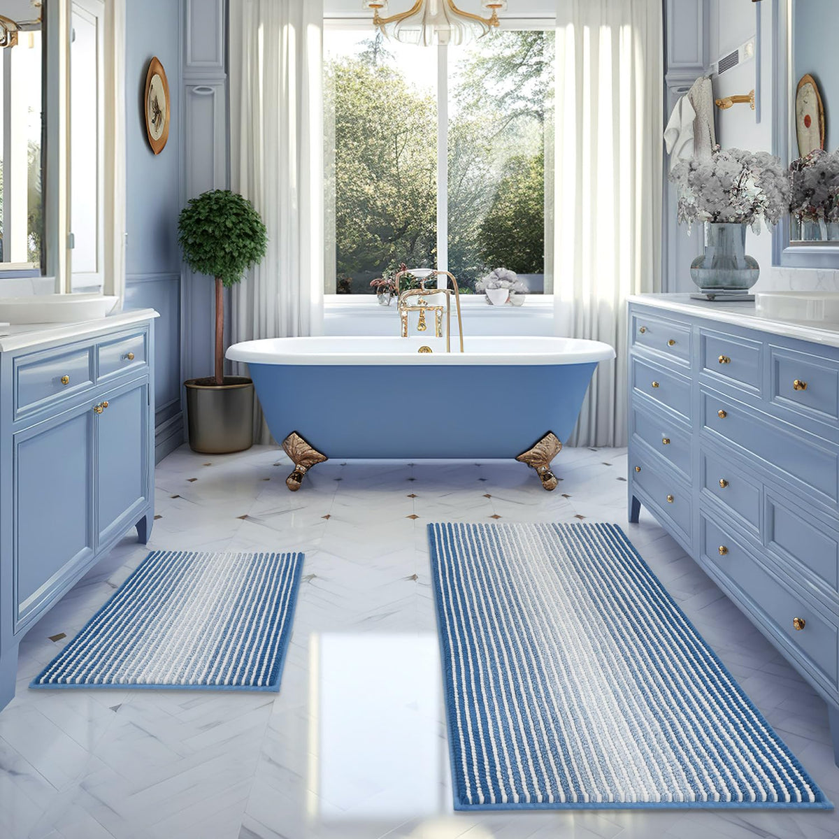 BSICPRO Bathroom Rugs Sets 2 Piece, Modern Bath Mat 20"x47"+20"x32", Blue