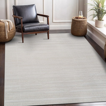 CAMILSON Micro Loop Rug 5x7 Modern Luxury Bordered Area Rugs Soft High and Low Pile Stain Resistant Easy-Cleaning Non-Shedding for Living Room Office Indoor Carpet (5 x 7 / White)
