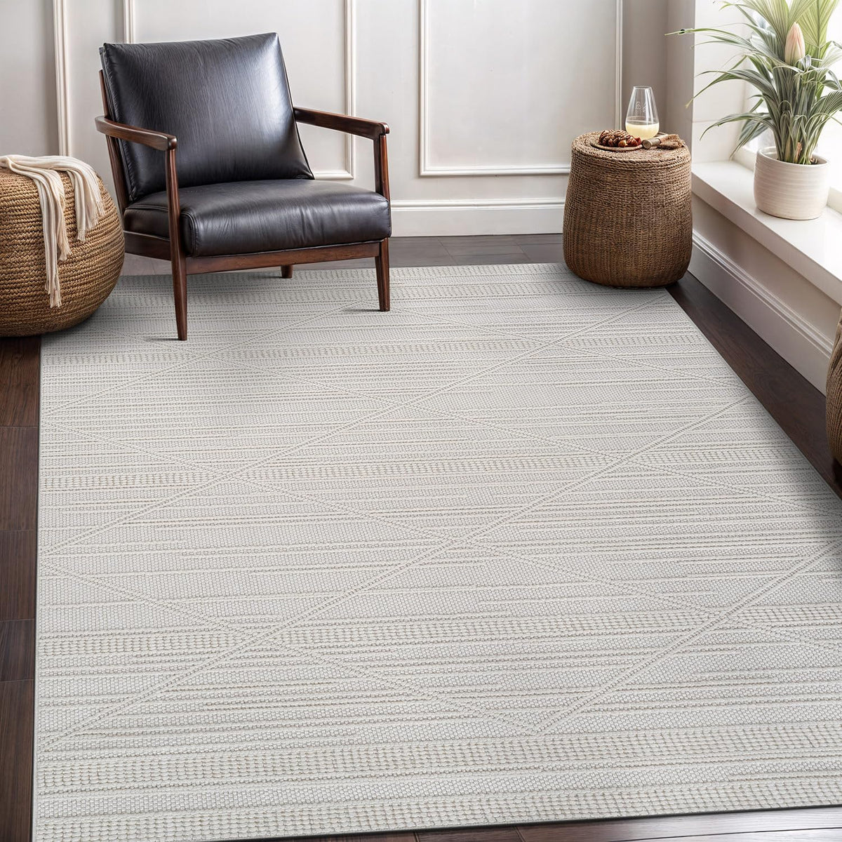 CAMILSON Modern Rug 6x9 Luxury Geometric Pattern Micro Loop Area Rugs Soft High and Low Pile Stain Resistant Easy to Clean Non-Shedding Durable Living Room Office Indoor Carpet (White/Black)